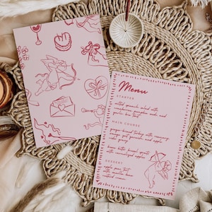 Menusjabloon voor romantisch bruiloftsthema, handgetekende dinerfeestmenu met voedselillustraties, roze vintage stijl, grillige retro, CQ1