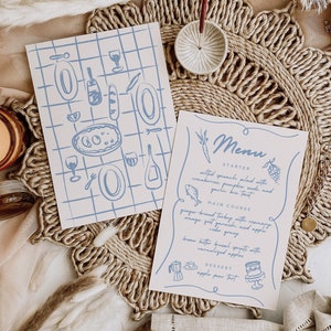Menüvorlage für Küsten Hochzeit Thema, Hand gezeichnete Dinner-Party-Speisekarte mit Lebensmittel Illustrationen, Vintage Stil, Italienische Küste, Boho Design