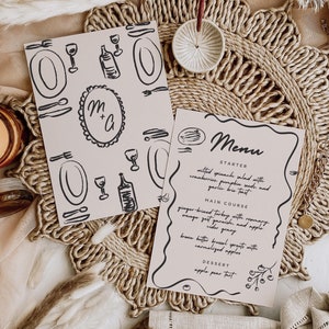 Modelo de menu para tema de casamento vintage, menu de jantar desenhado à mão com ilustrações de comida, estilo vintage, design retrô caprichoso, IT1