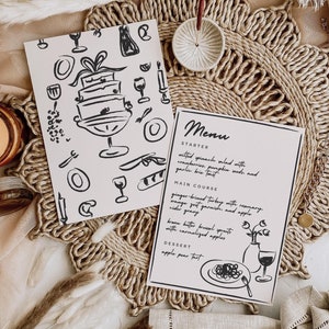 Menu Template for Vintage Wedding Theme, Hand Drawn Dinner Party Menu with Food Illustrations, Vintage Cafe Style, Whimsical Retro Design