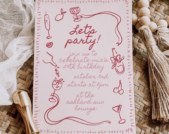 Vintage Birthday Invitation Template: Hand-Drawn Pink Red Cocktail Art
