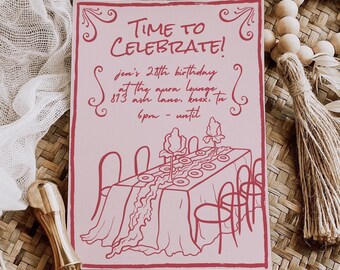 Plantilla de invitación de cumpleaños: estilo vintage dibujado a mano (archivo editable de Canva)