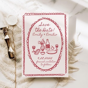 Handgetekende Save the Date-sjabloon, aangepaste Italiaanse huwelijksuitnodiging, vintage stijl geïllustreerde uitnodiging, eigenzinnig retro rood handschrift IT2