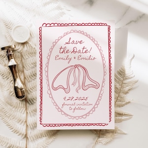 Coquette Save the Date Template with Pink Ribbon Illustration Whimsical Lace Scalloped Border, Tie the Knot, Editable Hand Drawn Design
