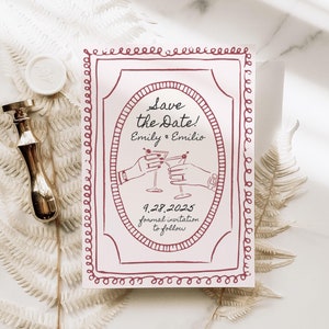 Red White Vintage Wedding Save the Date Canva Template, Scribble Loopy Design, Hand Drawn Illustrated Cocktail Style, Whimsical Invitation