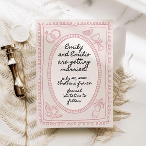 Pink Cream Save the Date Canva Template, Hand Drawn Illustrated Cupid Doodle Illustrations, Soft Romantic Whimsical Wedding Invitation Style