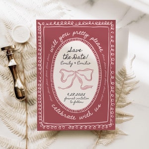 Red White Wedding Save the Date Canva Template, Scribble Loopy Bow Design, Hand Drawn Illustrated Style, Whimsical Vintage Invitation
