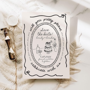 Minimalist Vintage Save the Date Canva Template, Ribbon Border, Black White Boho Hand Drawn Illustrated Style, Editable Wedding Invitation