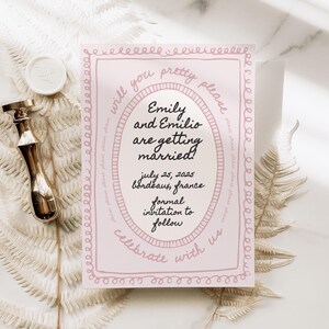 Pink Minimalist Save the Date Canva Template, Hand Drawn Scribble Border, Romantic Whimsical Vintage Wedding Invitation Style, Handwritten