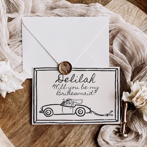 Plantilla de tarjeta de propuesta de dama de honor con dibujo a mano de un coche de bodas, invitación imprimible para dama de honor, invitación editable para dama de honor