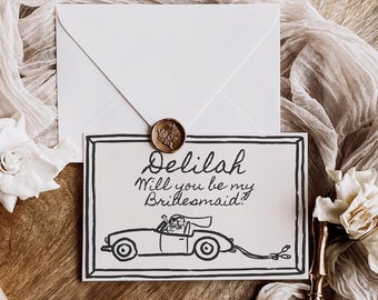 Bridesmaid Proposal Card Template with Hand Drawn Wedding Car Doodle, Printable Will You Be My Bridesmaid, Editable Maid of Honor Invite