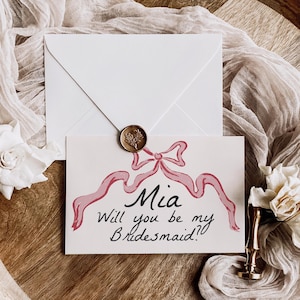 Plantilla de tarjeta de propuesta de dama de honor con borde de lazo rosa, invitación imprimible "¿Quieres ser mi dama de honor?", diseño femenino de dama de honor, BW1