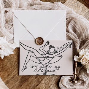 Plantilla de tarjeta de propuesta de dama de honor con copa de martini para niña, invitación imprimible "¿Quieres ser mi dama de honor?", invitación divertida y vintage para dama de honor