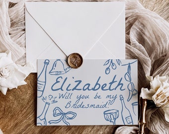 Blue Bridesmaid Proposal Card Template with Hand Drawn Doodles, Printable Will You Be My Bridesmaid Invite, Unique Maid of Honor Design