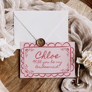 Rosa rote Brautjungfer Vorschlag Card Template mit Vintage Herz Border, Printable werden Sie meine Brautjungfer sein einladen, kokette Trauzeugin CQ1