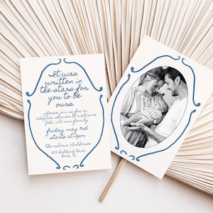 Hand getrokken adoptie douche uitnodiging sjabloon met foto, geschreven in de sterren aankondiging, Gotcha Day uitnodigen, Boho Classic Vintage Blue