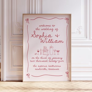 Wedding Welcome Sign Template for Romantic Coquette Theme, Pink Red Hand Drawn Reception Sign with Doodle Wavy Bow Border, Retro Custom