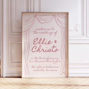 Wedding Welcome Sign Template with Curtain Border for Romantic Quirky Theme, Pink Hand Drawn Reception Sign, Whimsical Vintage Custom, CT2