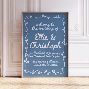Hochzeit Willkommensschild Vorlage für Küstenstrand Thema, Blau Weiß Handgezeichnetes Empfangsschild mit Wellenförmigem Squiggle Rand, Vintage Custom, LP1