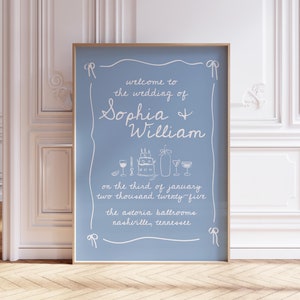 Hochzeit Willkommensschild Vorlage für Küstenstrand Thema, Blau Weiß Handgezeichnetes Empfangsschild mit Doodle Wavy Bow Border, Vintage Custom