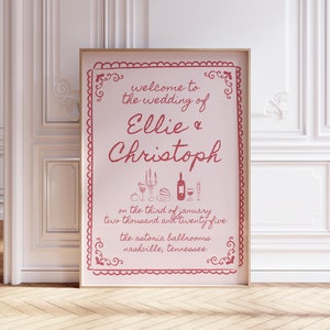 Wedding Welcome Sign Template for Romantic Vintage Theme, Red Pink Hand Drawn Reception Sign, Scalloped Heart Border, Handwritten Custom CQ1