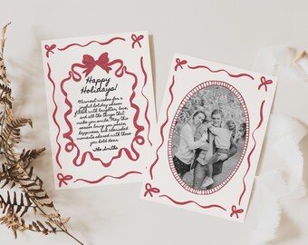 Hand-Drawn Holiday Card Template - Whimsical Red Ribbon Bow