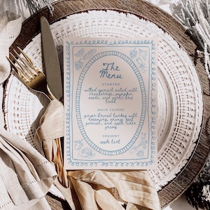 Blaue Menüvorlage für Küstenstrand Hochzeitsthema, Hand gezeichnetes lustiges Sommerdinner-Partymenü, wunderliche Gekritzel-Vintage-Gekritzel-Illustrationen