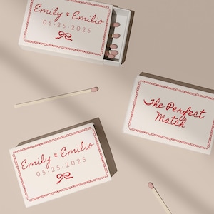 Hand Drawn Matchbook Template, Whimsical Italian Wedding Favor Matches, Custom Match Box Label, Modern Minimalist Party Favor, Red White Bow