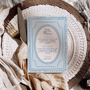 Light Blue Menu Template for Coastal Wedding Theme, Hand Drawn Spring Dinner Party Menu, Vintage Scribble Border, Whimsical Quirky