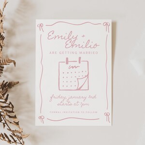 Whimsical Wedding Save the Date Template with Pink Bow Border, Romantic Coquette Hand Drawn Illustration, Editable Vintage Minimalist Style