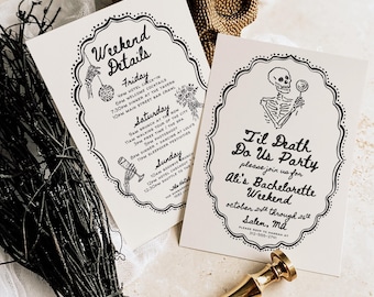 Bachelorette Invitation: Spooky Skeletons, Gothic Style - Hand-Drawn Canva Template