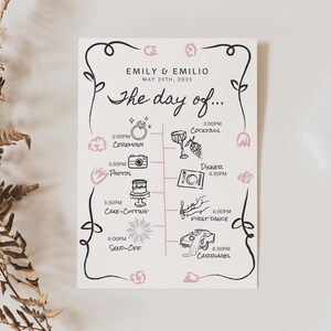 手描きの結婚式のタイムライン テンプレートとアイコン、ビンテージの気まぐれなイベント順序カード、印刷可能な当日の詳細、ロマンチックなコケット デザイン