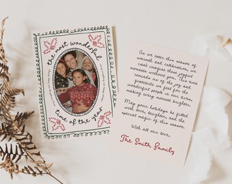 Christmas Card Template: Family Holiday Design (Hand Drawn Holly, Editable)