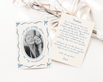 Pretty Please Be My Bridesmaid Proposal Card Template with Photo, Blue Bow Border Printable Will You Maid of Honor Invite, Cute Coastal
