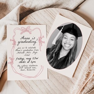 Graduation Party Invitation Template with Photo Floral Border, Boho Hand Drawn Graduation Announcement, Grad Invite for Her, Class of 2024