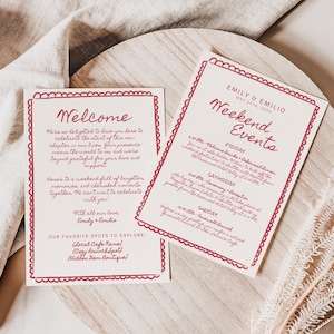 Handgetekende bruiloft welkomstbrief en weekendevenementen sjabloon, vintage Italiaans bruiloftsthema, kaart volgorde van evenementen, rood weekendroutebeschrijving