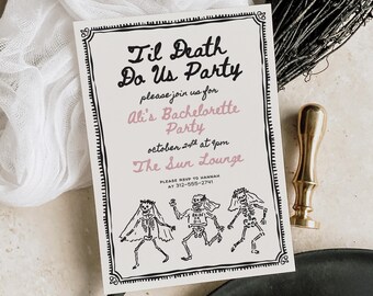 Bachelorette Party Invitation: Dancing Skeletons - Hand Drawn, Gothic Style