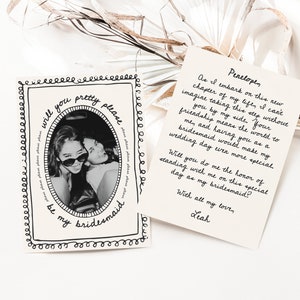 Bonita, por favor, sé mi plantilla de tarjeta de propuesta de dama de honor con foto, imprimible, invitación de dama de honor, marco de garabato vintage clásico