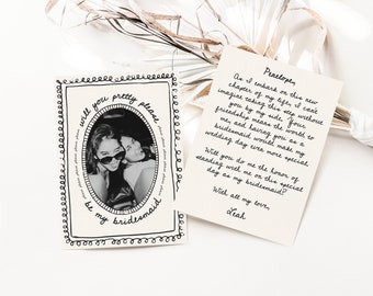 Pretty Please Be My Bridesmaid Proposal Card Template with Photo, Printable Will You Maid of Honor Invite, Classic Vintage Scribble Frame