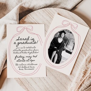 Graduation Party Invitation Template with Photo, Pink Bow Border, Boho Vintage Hand Drawn Grad Announcement Invite for Her, Class of, BW2