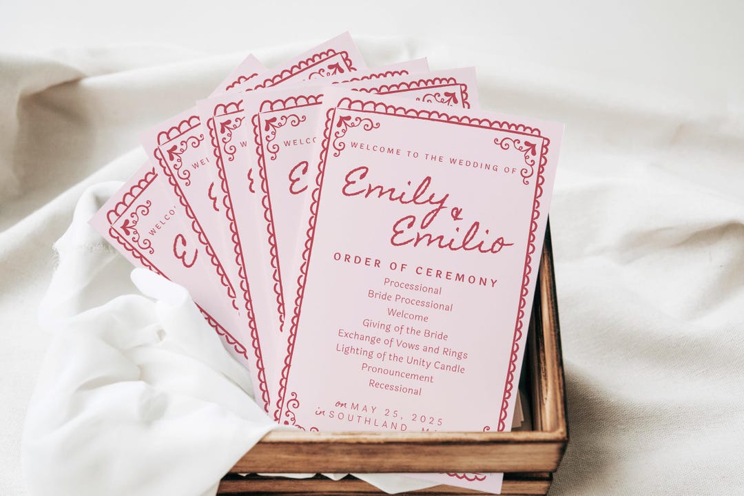 Hand Drawn Wedding Program Template for Romantic February Wedding ...