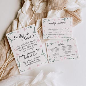 Wedding Invitation Suite Template Set with Spring Flower Border, Garden Theme, Vintage Style Bridal Stationery, Green Pink Flower Invite