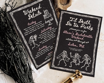 Bachelorette Invitation: Spooky Skeletons Theme (Hand Drawn Halloween Canva Template)