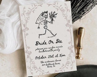 Bachelorette Invitation: Gothic Skeleton Floral - Editable Canva Template