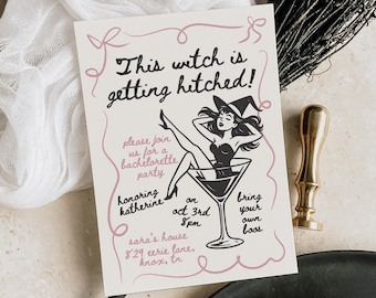 Witchy Bachelorette Invitation - Pink Halloween, Hand Drawn Canva Template