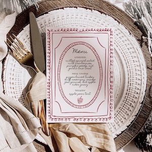 Menu Template for Classic Wedding Theme, Hand Drawn Dinner Party Menu with Food Illustrations, Vintage Scribble Border, Whimsical Quirky