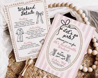 Bachelorette Weekend Invitation, Pink Slumber Party (Hand-Drawn Canva Template)