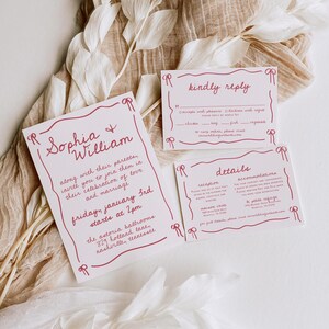 Conjunto de modelos de convites de casamento românticos com borda de fita vintage, modelo de papelaria nupcial editável, conjunto de convites RSVP caprichosos