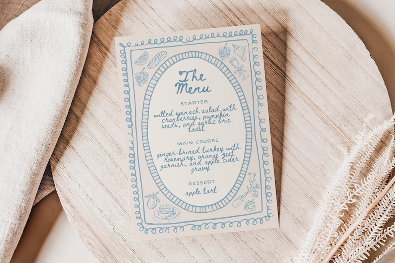 Wedding Menu Template: Vintage Style Coastal Doodles (Hand-Drawn Canva) image 1