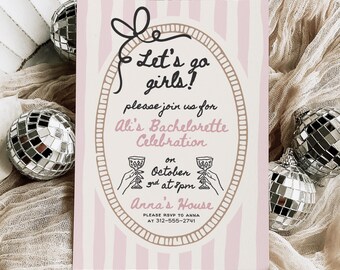 Bachelorette Party Invitation: Pink Stripes, Bow Border - Hand Drawn Canva Template